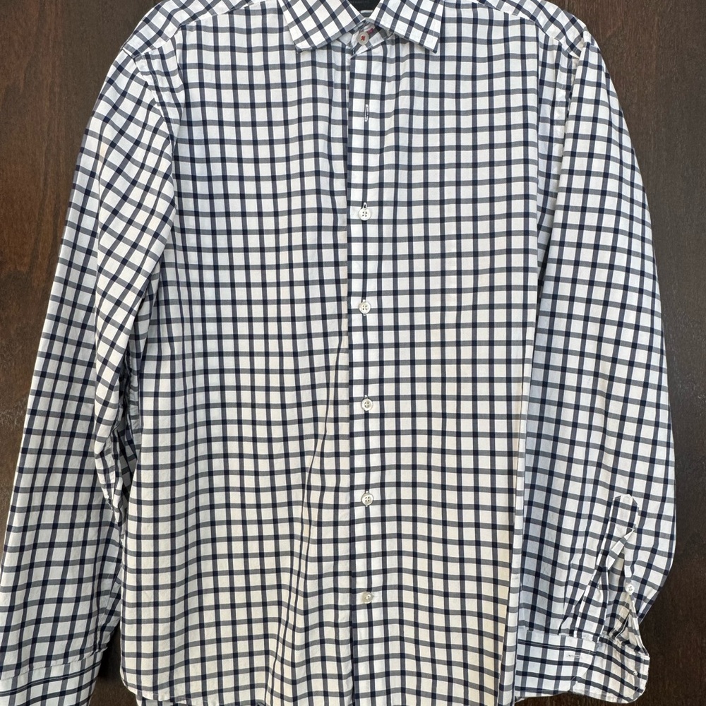 Saks Fifth Avenue Navy Blue and White Plaid Shirt